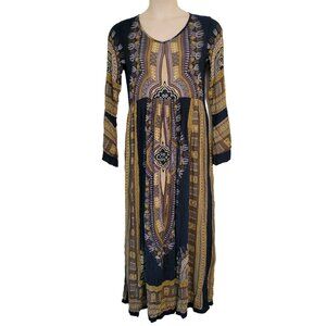 Earthbound Trading Boho Maxi Dress Ethnic Print Flared Sleeves M Blue Green‎
